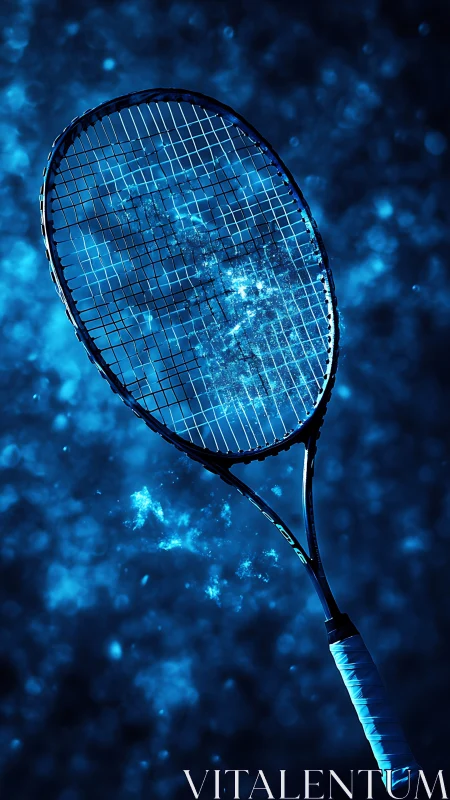 Tennis racket lit by intense blue spotlight on dark court.