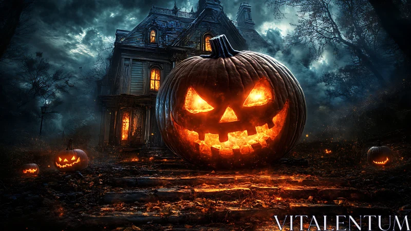 Grinning inferno pumpkin guards a brooding haunted manor.