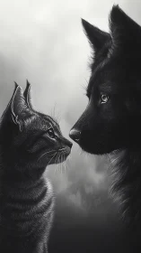 Intimate Encounter: Monochromatic Cat and Dog Portraiture Study.