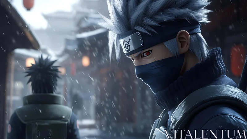Masked silver-haired ninja stands watch in a quiet falling snow