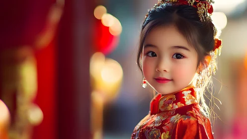 Young girl in ornate red dress with soft blurred lights.