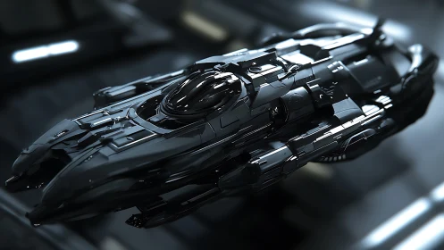 Stealth spacecraft showcases sleek black aerodynamic hull.