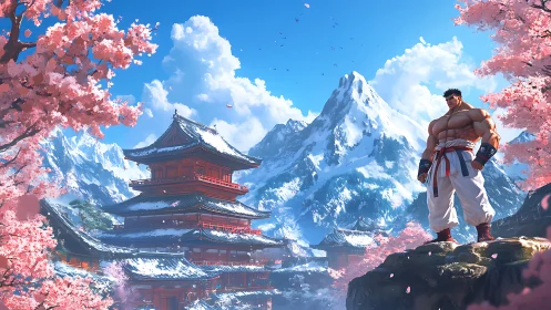 Martial artist overlooks snow temple amid cherry bloom.