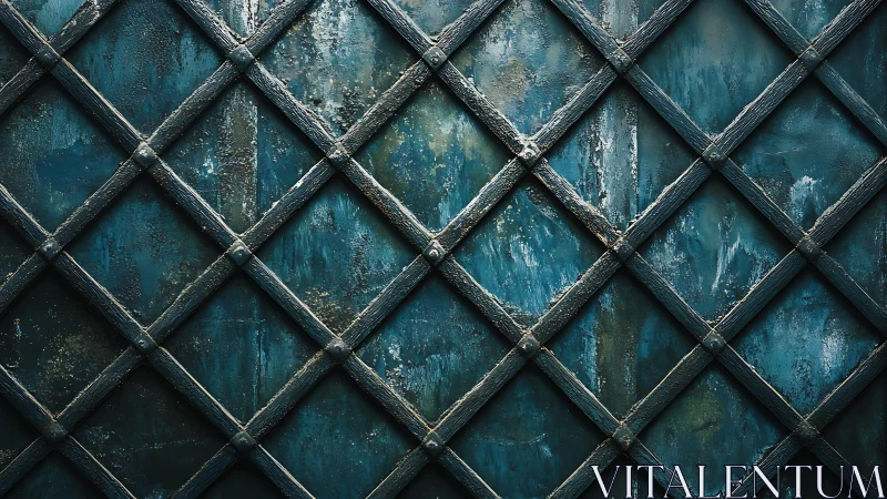Weathered Blue Metal Diamond Grid Patterned Industrial Surface.