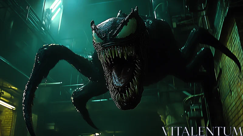 Monstrous symbiote lunges through neon-lit industrial lair