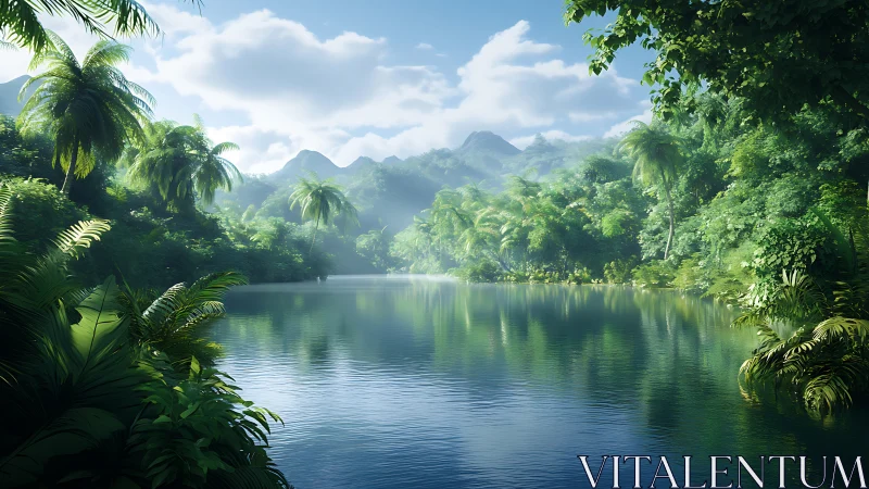 Rendered tropical river valley extends toward distant hills.