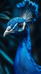 Blue peacock portrait under moody teal cinematic light.