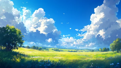 Digital landscape depicts open meadow beneath cumulus clouds