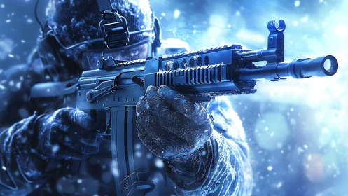 Armed soldier aiming rifle in blue frozen combat scene.