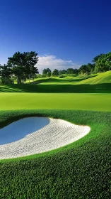 Sunlit golf fairway with sculpted bunker and precise turf gradients