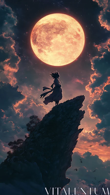 Silhouetted warrior stands on jagged peak beneath huge moon