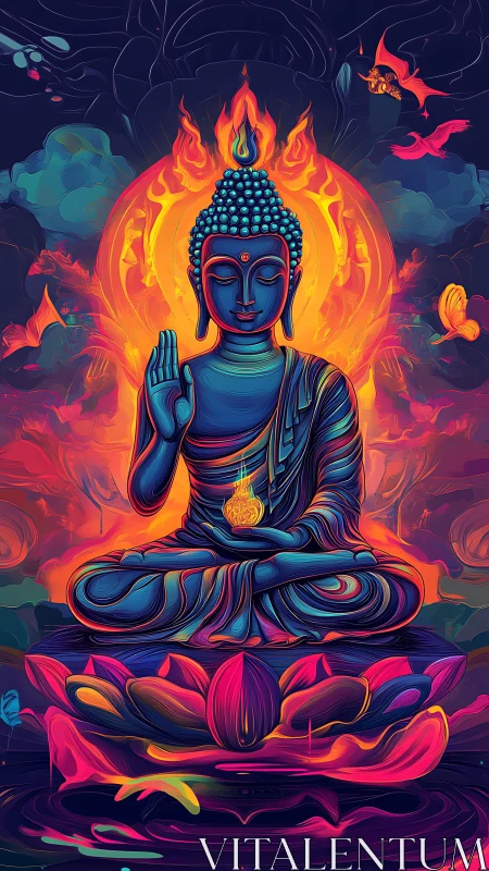 Luminous lotus Buddha blazing in neon cosmic stillness.