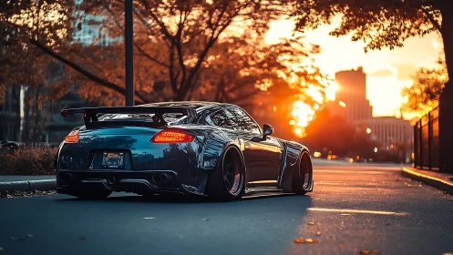 Widebody sports car waits under glowing autumn sunset