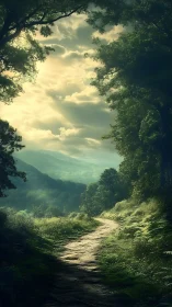 Forest Path Opening to Mountain Valley at Sunrise.