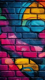 Multicolored geometric graffiti on vertical brick wall surface.
