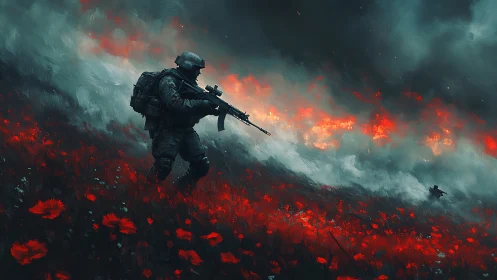 Soldier crossing burning poppy field under storm sky.