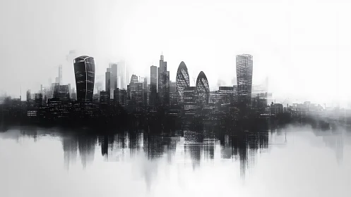 Monochrome parametric skyline with mirrored urban diffusion.