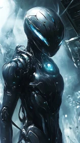 Humanoid cybernetic figure in metallic armor with blue lights.