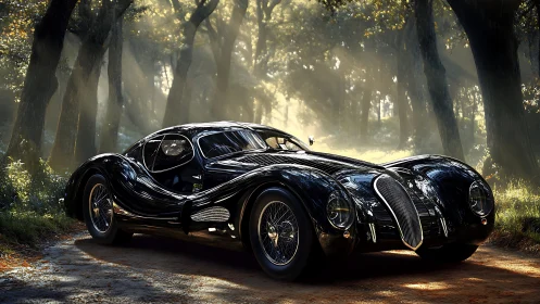 Streamlined black classic coupe gleams on a forest road.