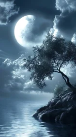 Full moon over rocky shoreline with solitary leaning tree.