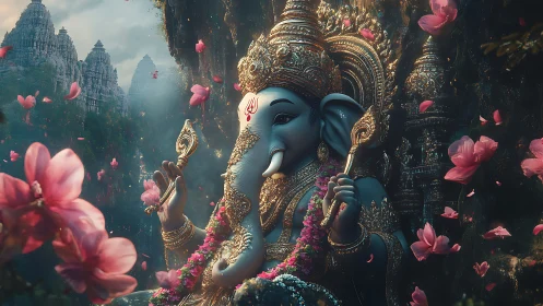 Divine elephant deity sits in ornate shrine amid falling petals