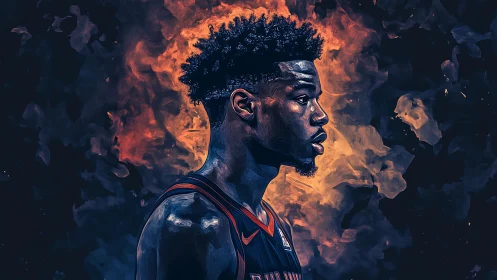 Basketball player profile framed by blazing abstract fire glow