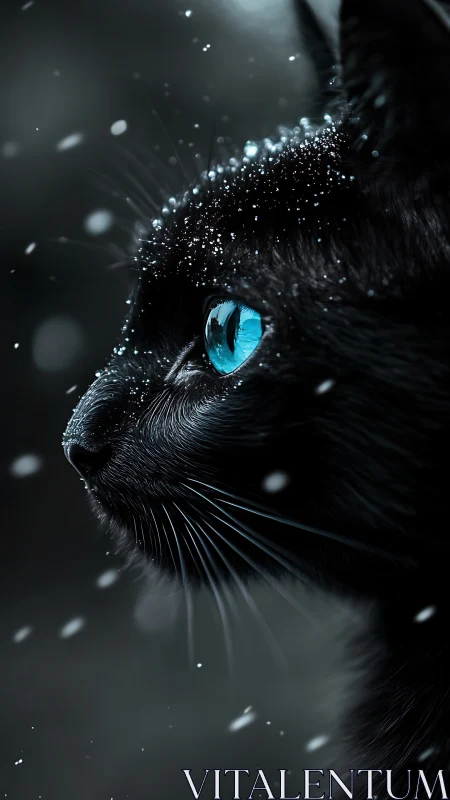 Close-up black cat with bright cyan eyes in falling snow