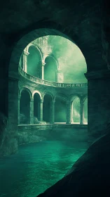 Misty emerald canal winding through ancient stone arches.