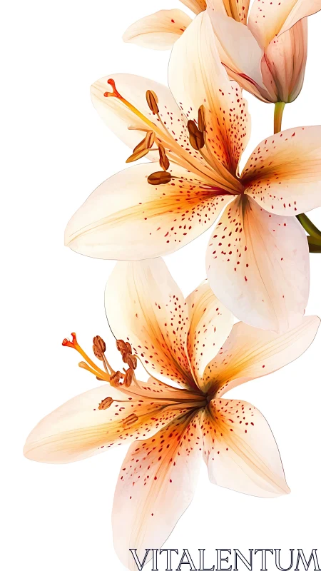 Clustered lilies with graduated orange spotting and stamen detail.