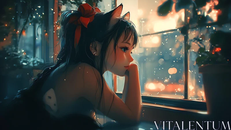 Citylights cradle the wistful cat eared girl at dusk