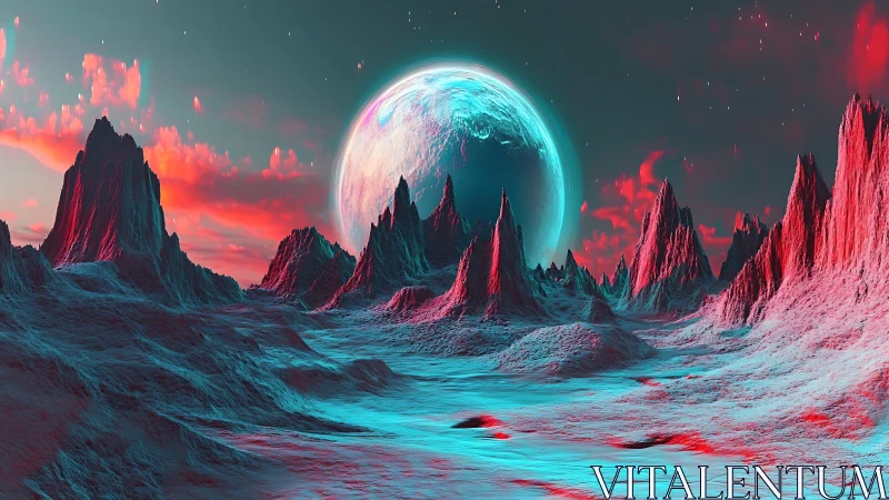 Neon alien valley under a glowing turquoise planet sky.