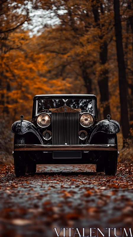Autumn road crowns a vintage luxury car in quiet splendor.