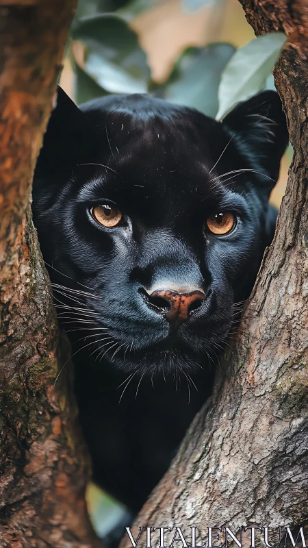 Black panther peers through tree branches with striking amber eyes.