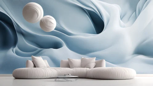 Soft white lounge beneath flowing abstract blue drapery.