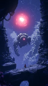 Wanderer confronts colossal robot beneath radiant void sun.