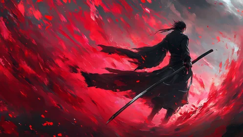 Lone dark swordsman stands in swirling red storm.