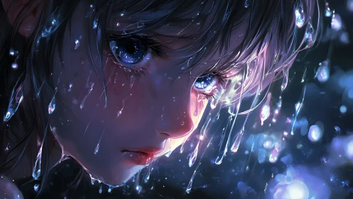 Close-up profile of wet-eyed character under falling droplets