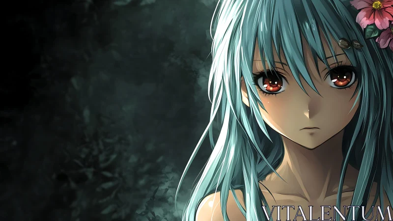 Anime girl with teal hair against dark abstract background.