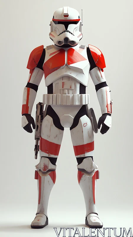 Armored sci fi trooper in weathered white and red suit.