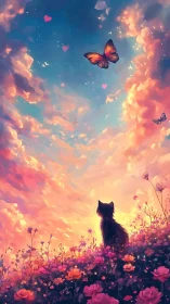 Cat on flower hill under sunset clouds and butterflies.