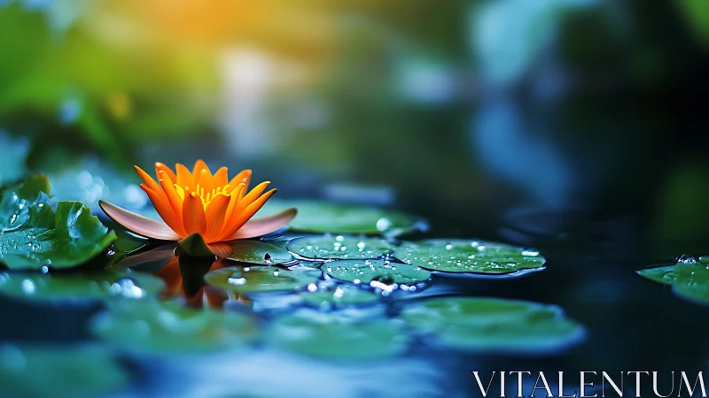Orange water lily on calm pond with reflected light.