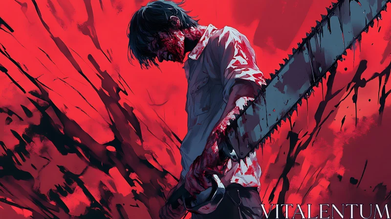 Blood-soaked anime figure wields chainsaw amid red splatter field