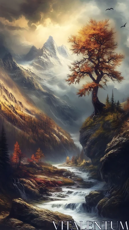 Mountain valley with autumn tree, river and distant peaks.