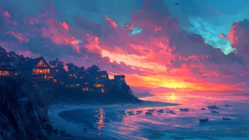 Coastal settlement at dusk with illuminated hillside houses.