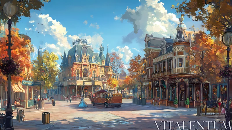 Victorian street scene shows autumn market square activity