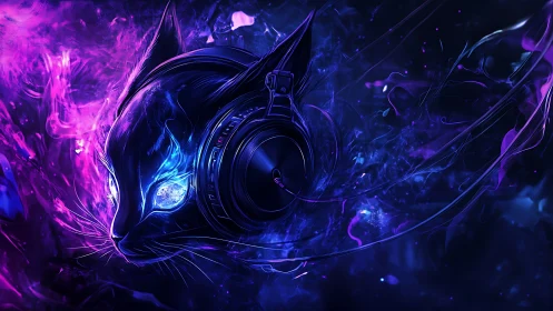 Neon cyber cat with headphones radiates electric sound waves