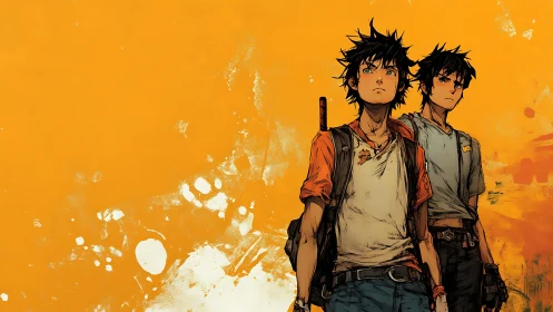 Gritty anime teens with backpacks against orange grunge field