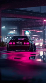 Neon-soaked drift car idles beneath rainlit city overpass.