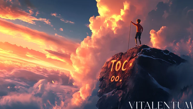 Sunlit summit climber overlooking sculpted ember clouds.