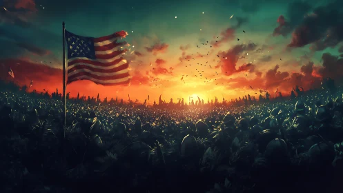 United States flag over stylized battlefield at sunset